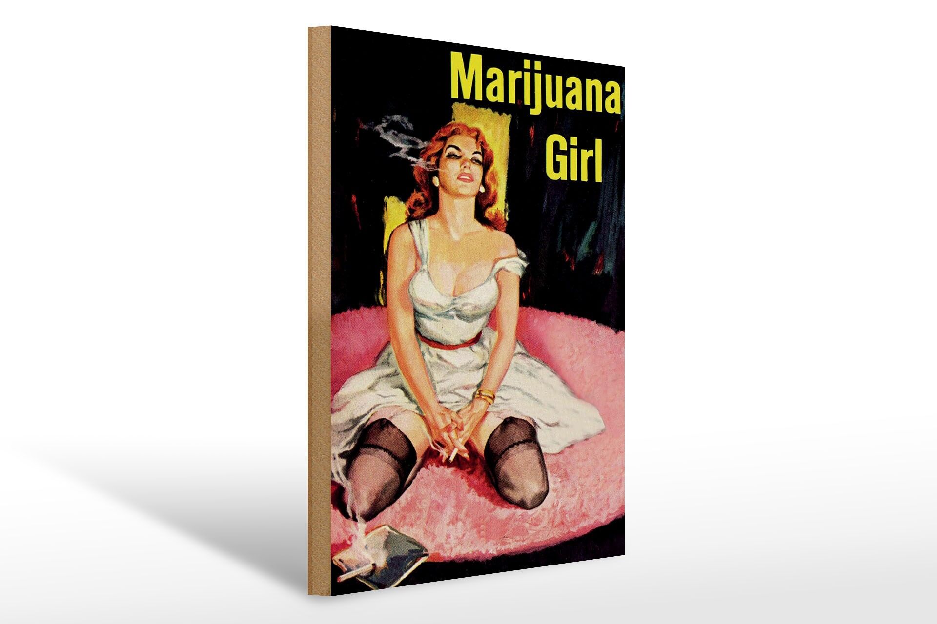 Holzschild Spruch 30x40 cm Marijuana Girl auf rosa Teppich Deko Schild