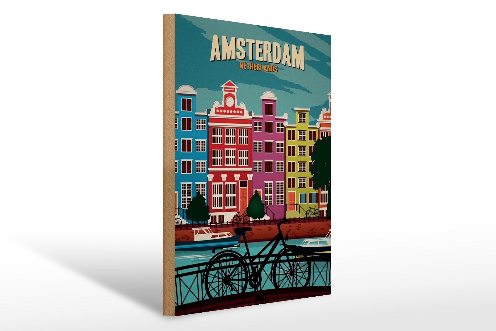 Letrero de madera para viajes, 30 x 40 cm, Ámsterdam, Países Bajos, bicicletas, agua, letrero decorativo.