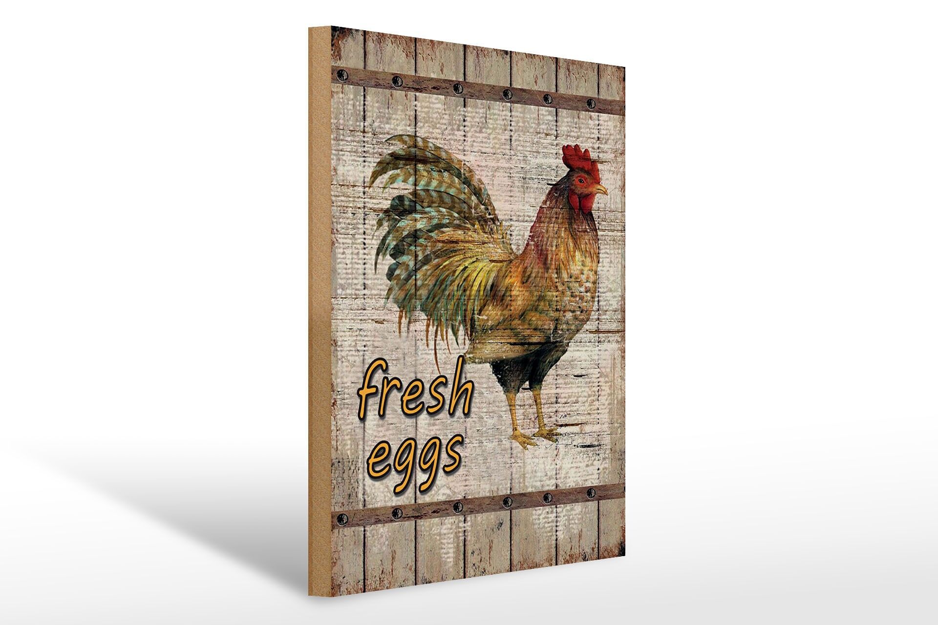 Letrero de madera, 30x40 cm, Huevos frescos, Gallo, Publicidad, Letrero decorativo