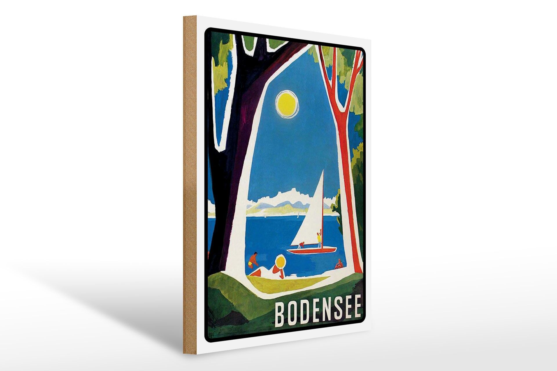 Cartel de madera para viajar, 30 x 40 cm, Lago de Constanza, velero, árboles, cartel decorativo.