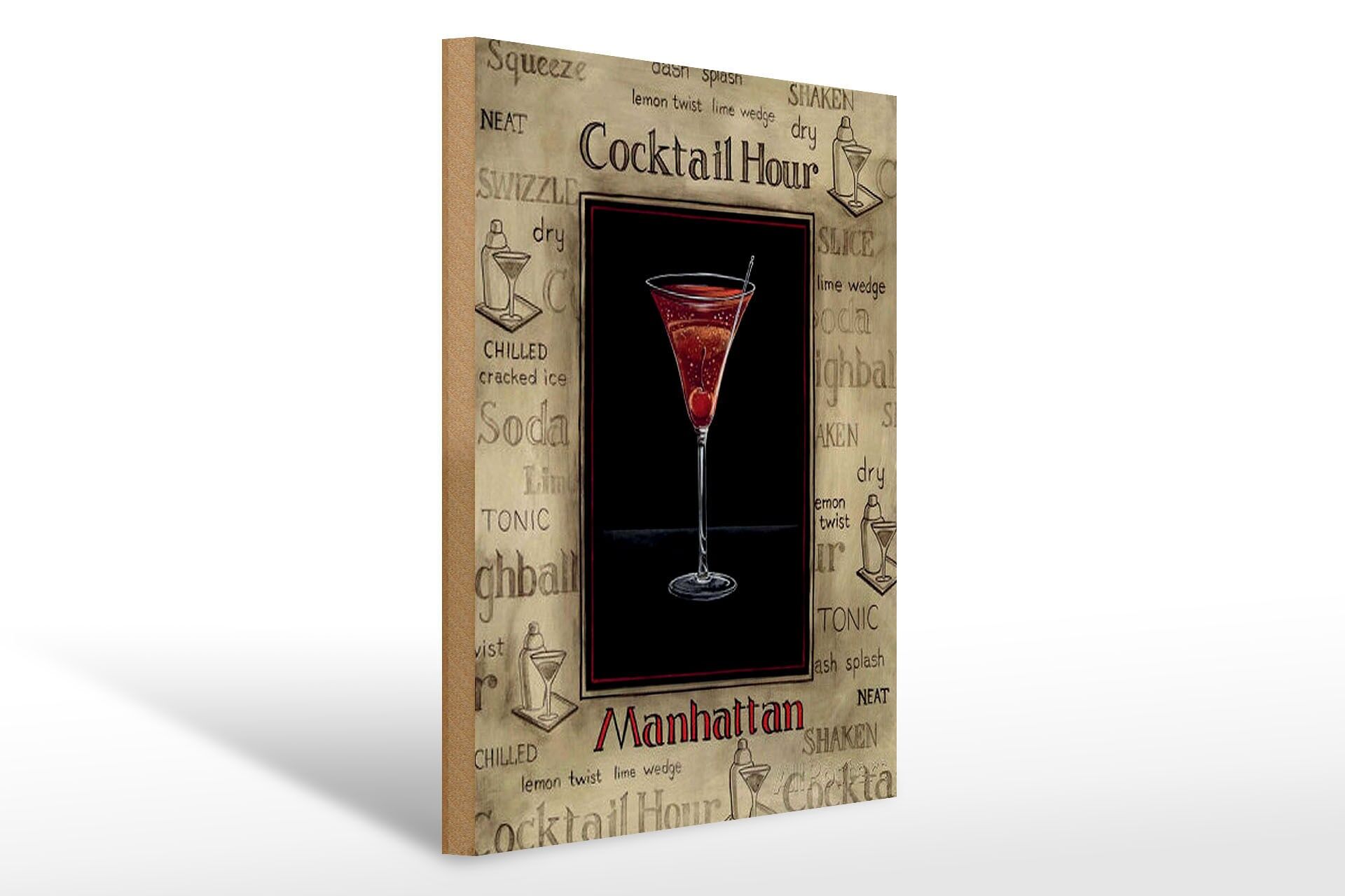 Letrero de madera para bebidas alcohólicas, 30x40 cm, Cocktail Hour Manhattan, letrero decorativo de cristal