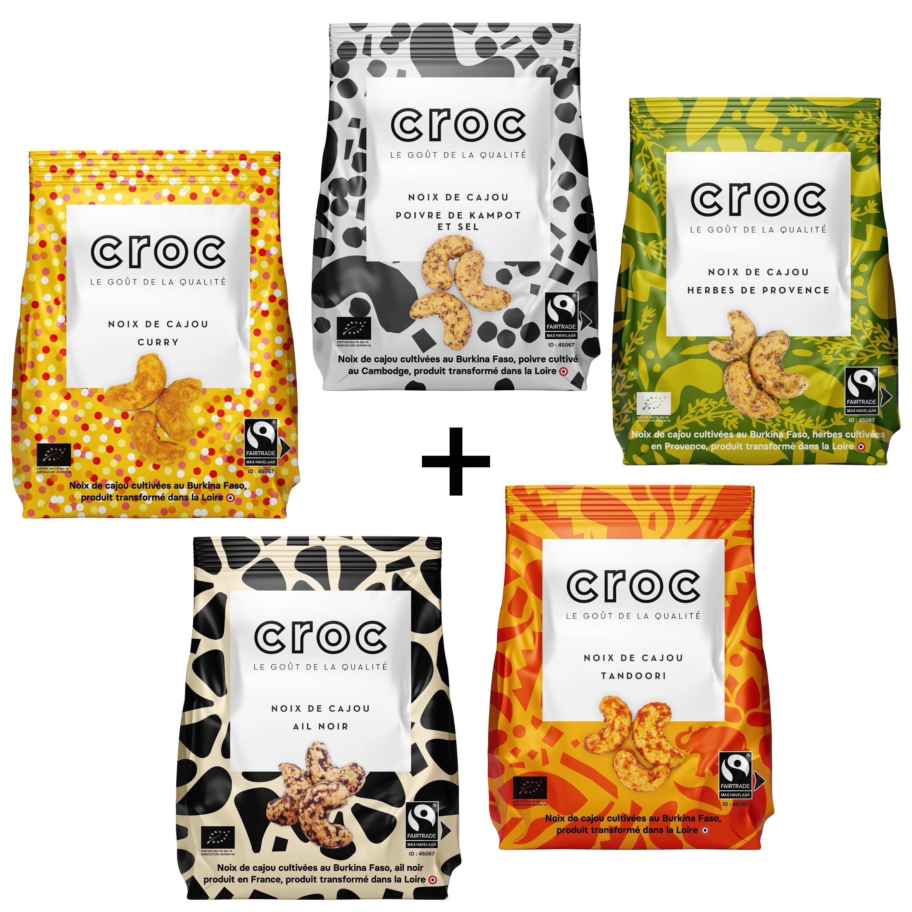 Starter-Set 100g Beutel - unsere 5 essentiellen BIO-FAIRTRADE-Rezepte - 12 Curry-Cashews, 12 Pfeffer-Cashews, 12 Schwarzer Knoblauch-Cashews, 12 Tandoori-Cashews, 12 Kräuter der Provence-Cashews
