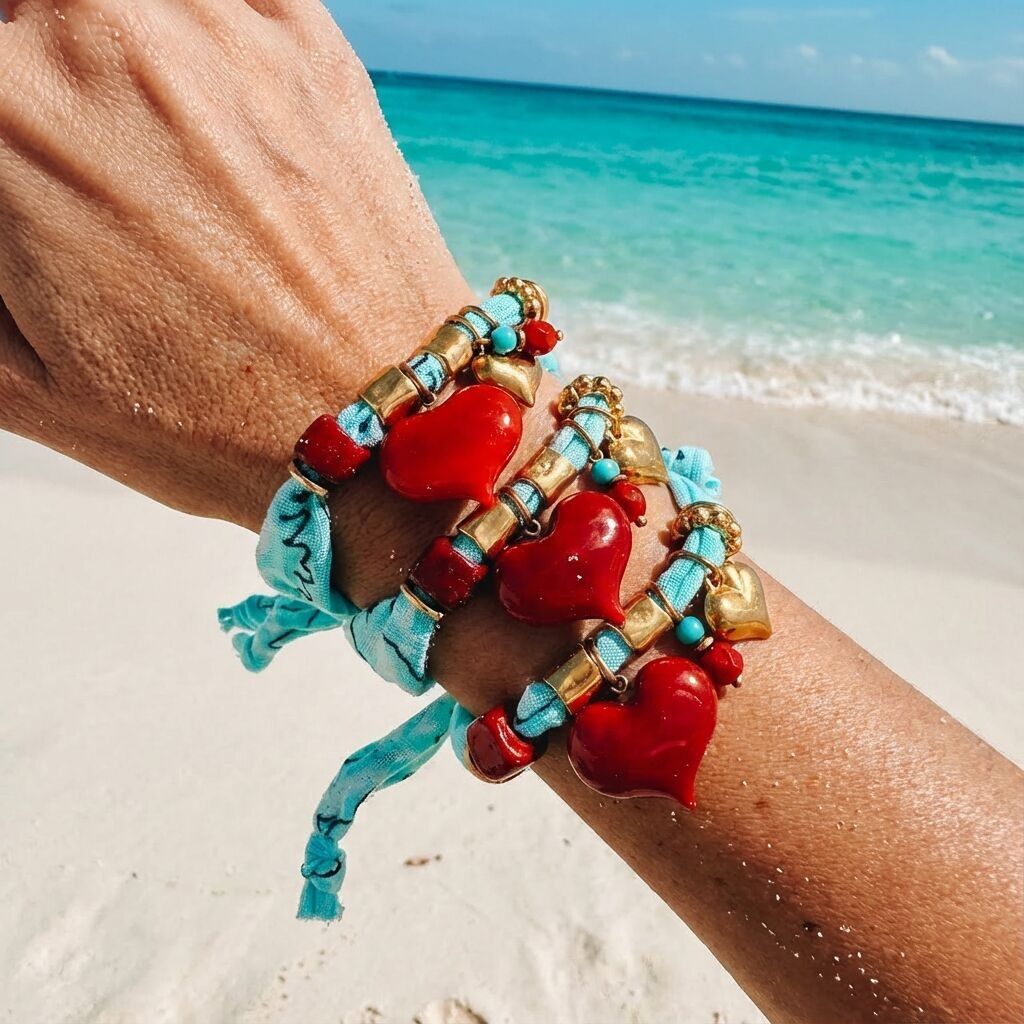 Bracelet bandana turquoise avec des cœurs rouges et des détails dorés