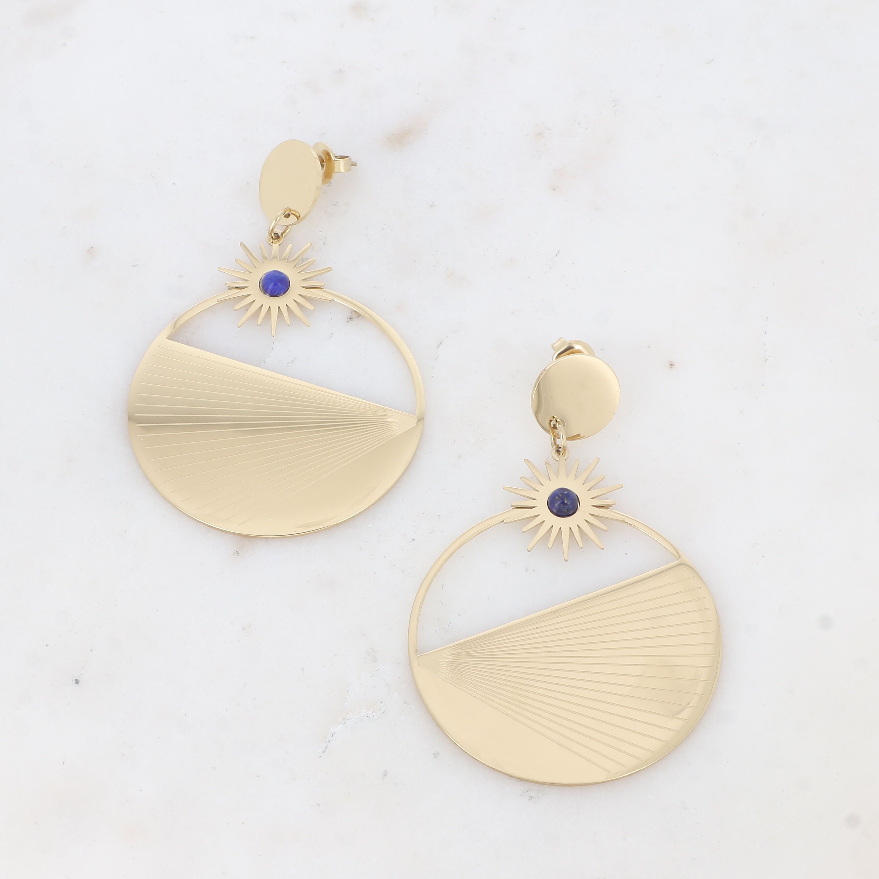 Earrings with circles, sunburst and natural stones