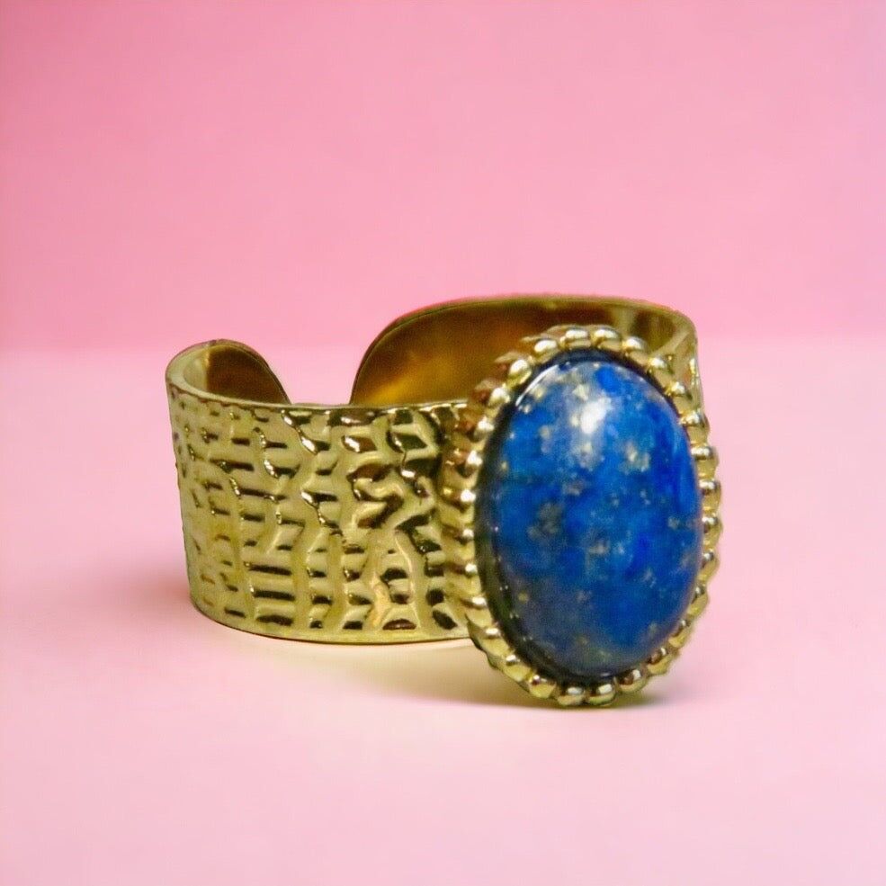 "LILIANE" ring in stainless steel and natural Lapis Lazuli stone