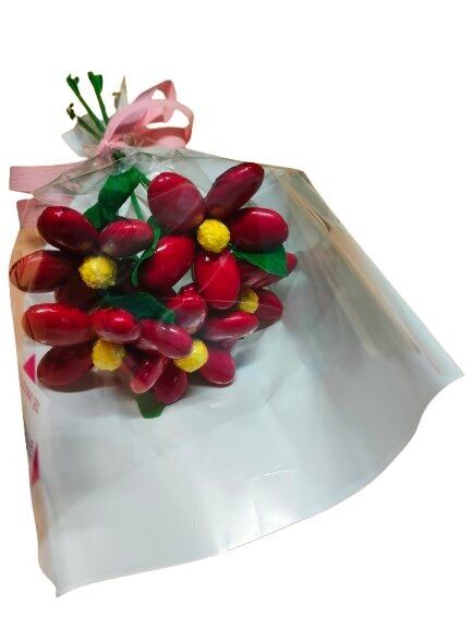 Kleiner Strauß aus 5 roten Gänseblümchen und Schokoladen-Dragees