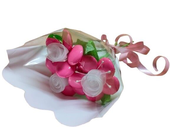 Mini bouquet di 3 margherite rosa in confetti ricoperti di cioccolato