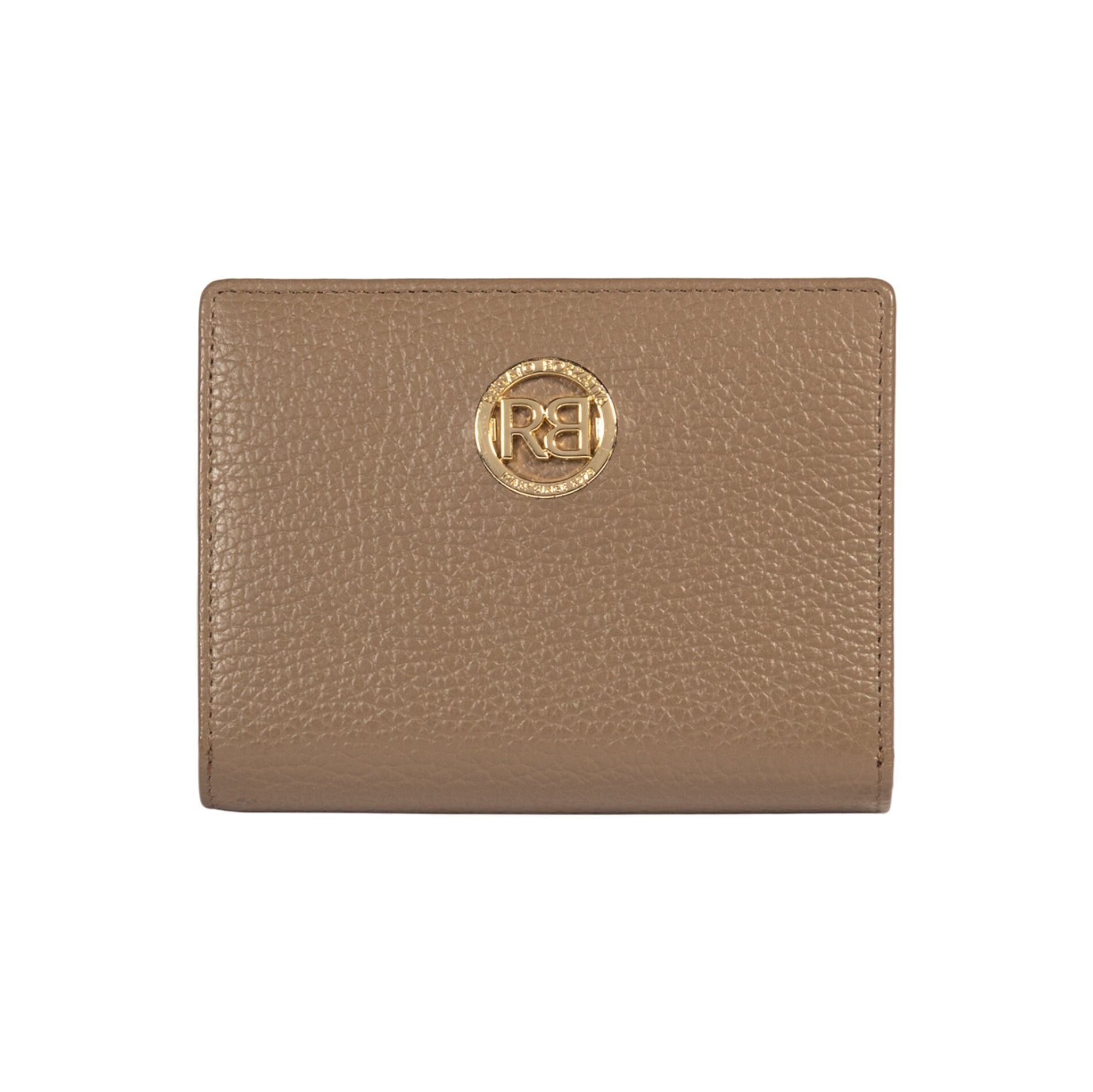 RB1080GAQ | Damengeldbörse, hergestellt in Italien aus echtem Dollar-Narbenleder. Taupefarben.Abmessungen (geschlossen): 13 x 9 x 2,5 cm