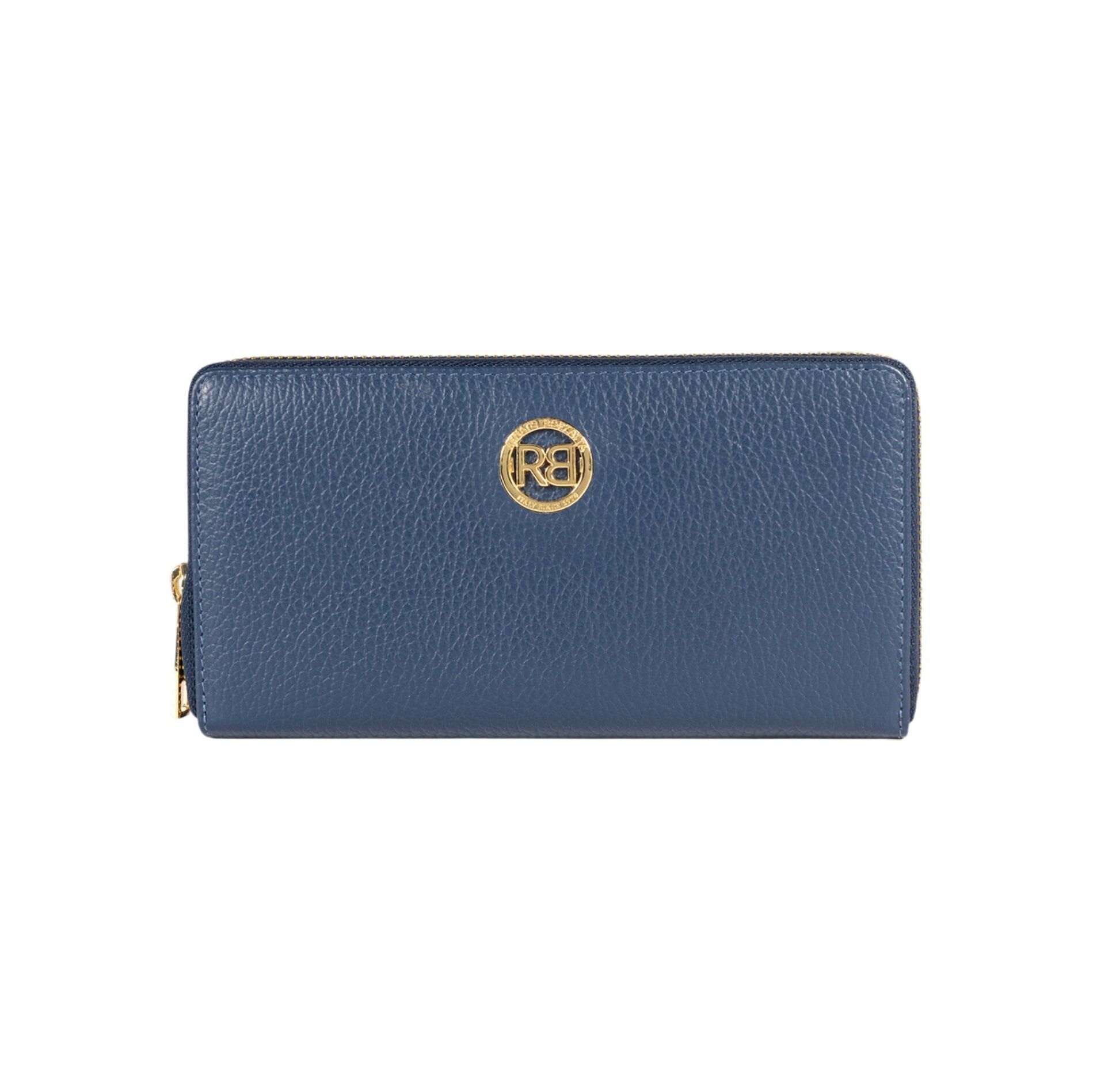 RB1081GD | Women's Zip Around Wallet Made in Italy in Genuine Dollar Grain Leather. Blue color.Dimensions: 20 x 10 x 2.5 cm