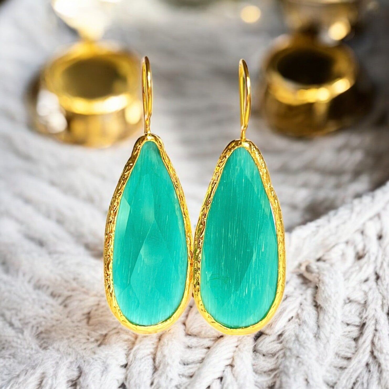 "SANTORIN" earrings natural stone Green Agate gilded with fine gold - long