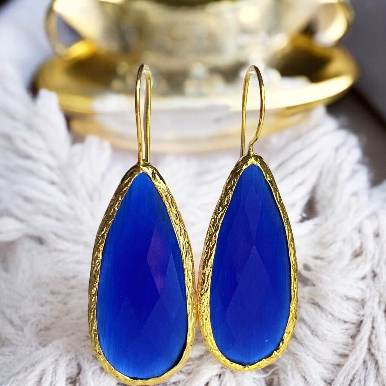 "ATLANTA" earrings natural stone Blue Agate gilded with fine gold - long