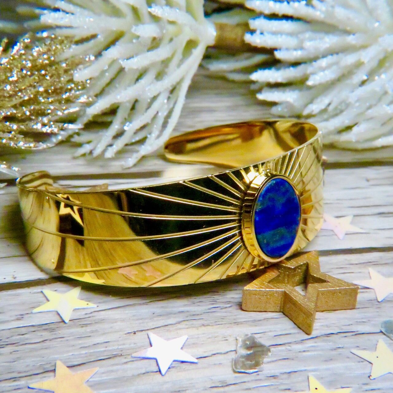 "RACHEL" steel bangle bracelet, adjustable with lapis lazuli