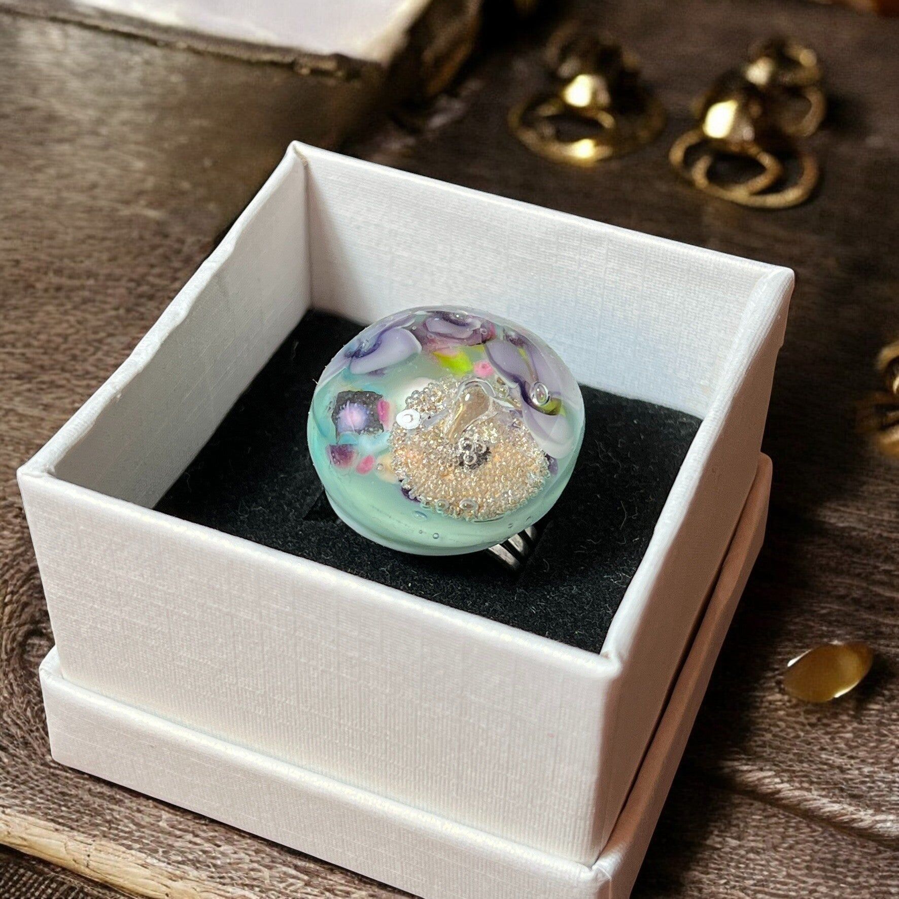 cabochon ring in lampwork glass