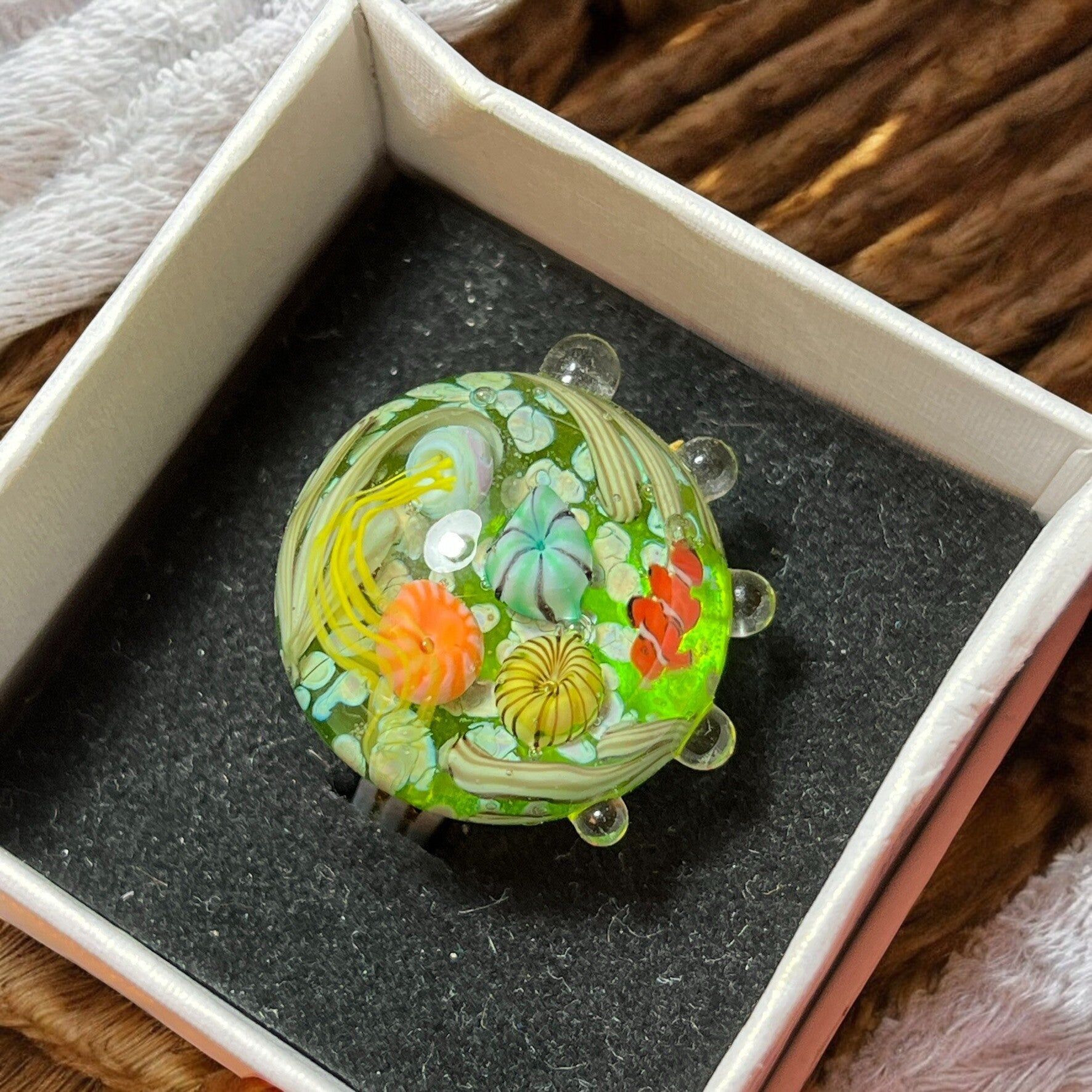 cabochon ring in lampwork glass