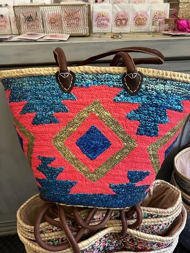 Panier de plage sirène à paillettes - Grand cabas marocain tissé à la main