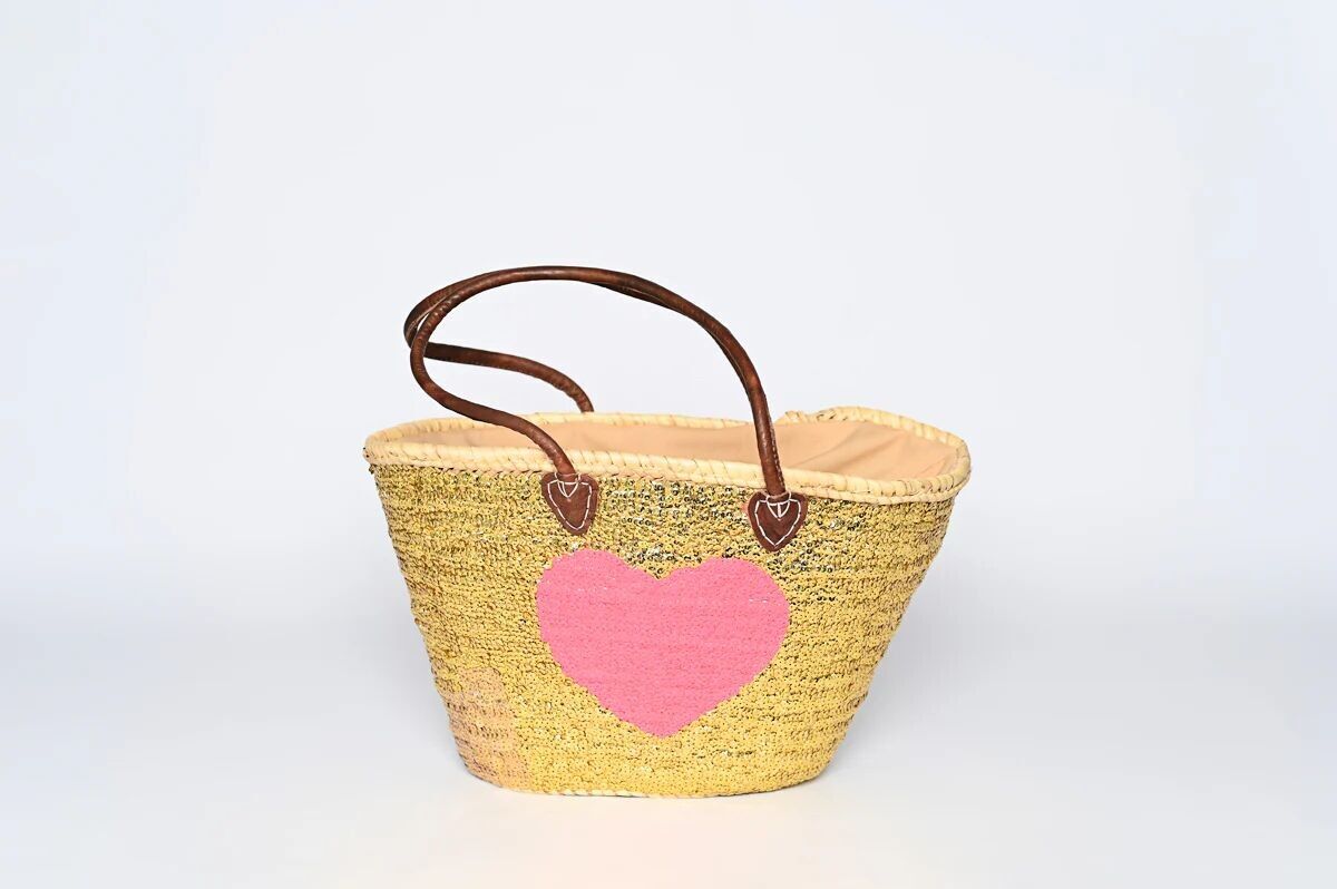 Panier de plage à paillettes dorées - Cabas marocain tissé à la main rose cœur