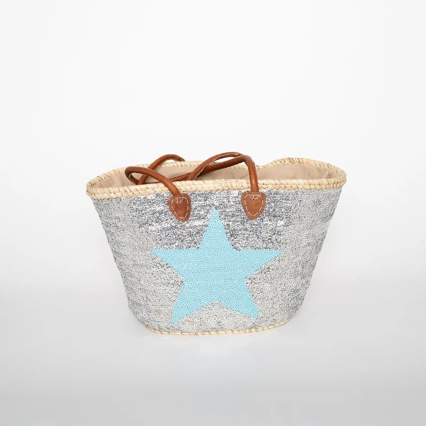 Panier de plage à paillettes argentées - Cabas marocain tissé à la main avec étoiles bleues