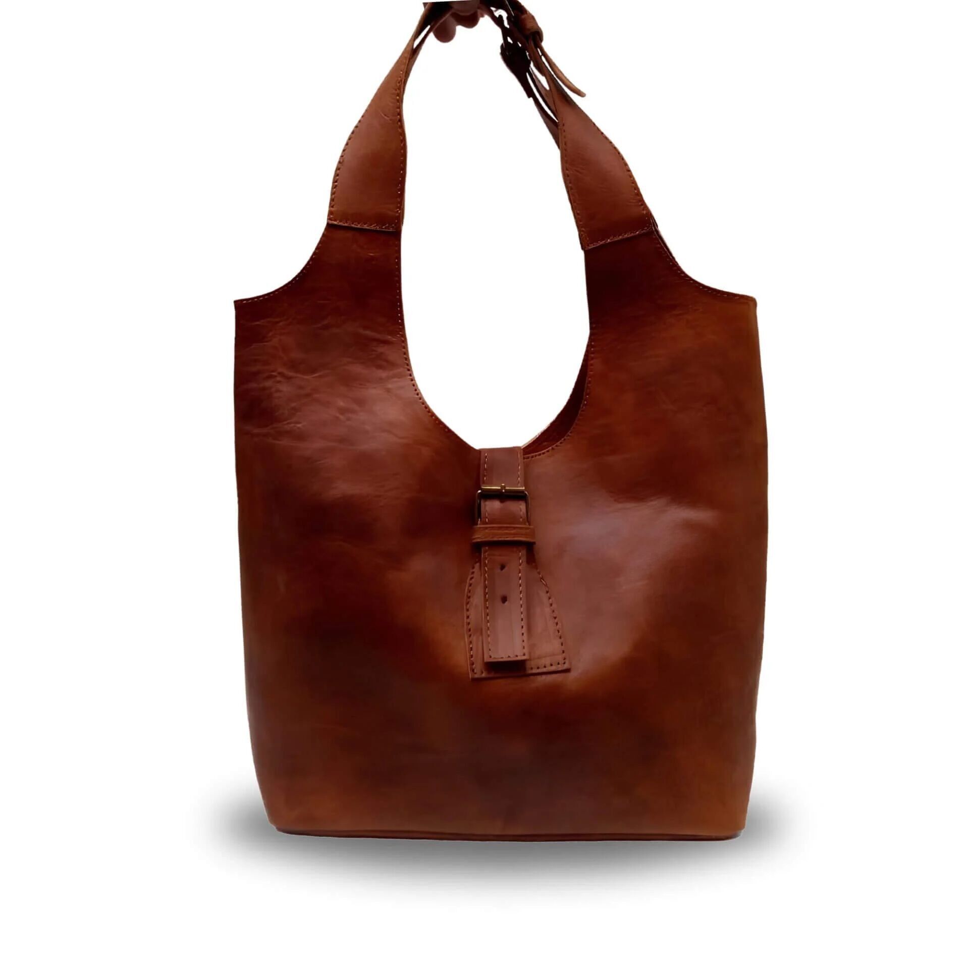 Sac bandoulière en cuir marron - Modèle hobo minimaliste fait main
