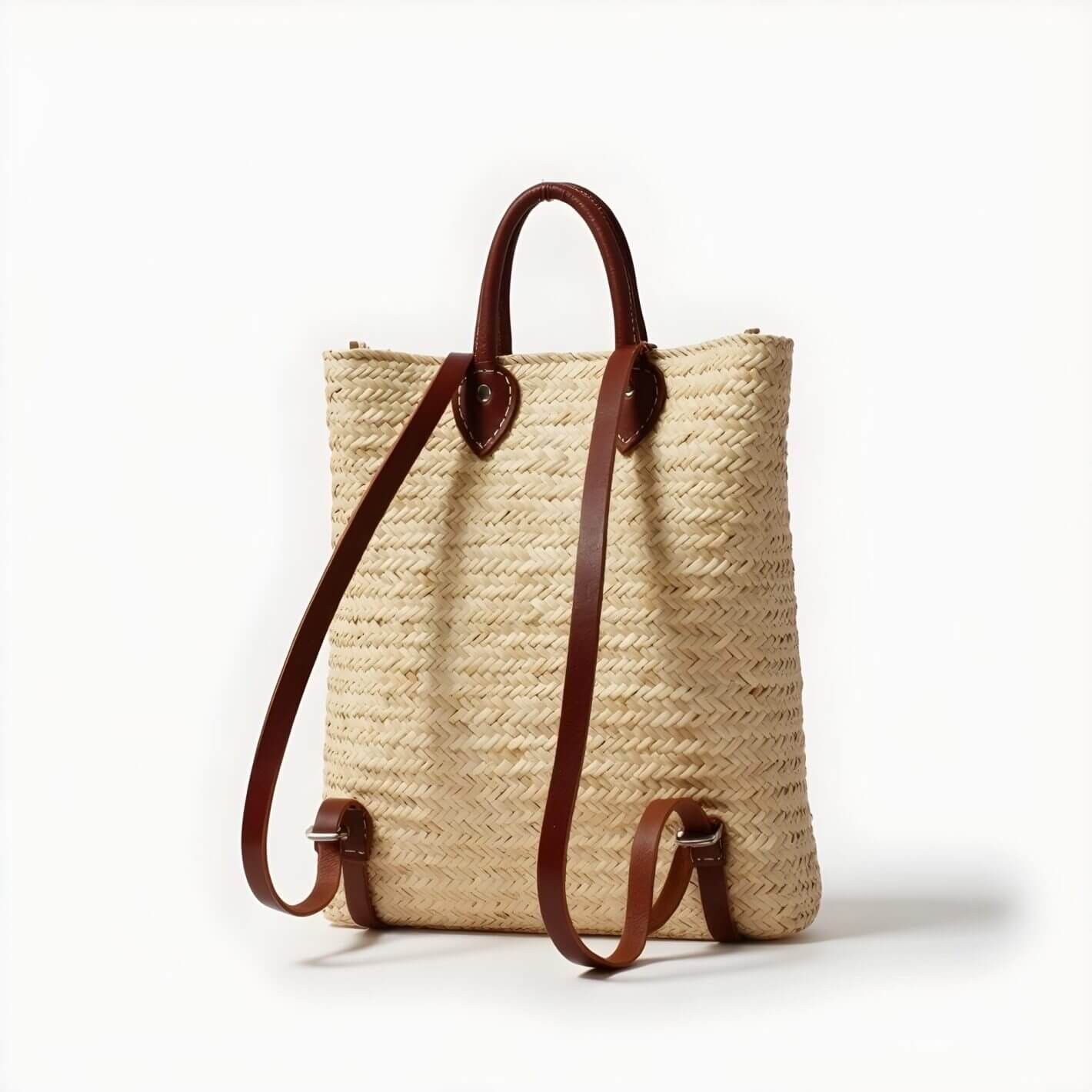 Sac à dos en paille tissée à la main – Sac cabas convertible en fibre naturelle avec anses en cuir