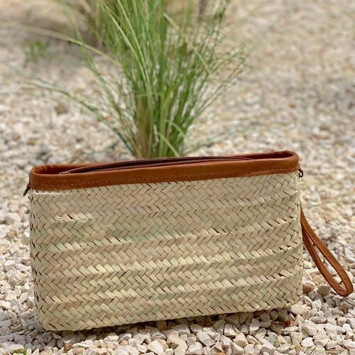 Pochette bracelet marron – Pochette en jonc tressé à la main avec garniture en cuir