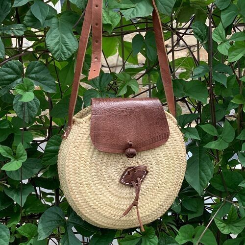 Sac à main rond en osier avec cuir marron - Sac panier tressé à la main