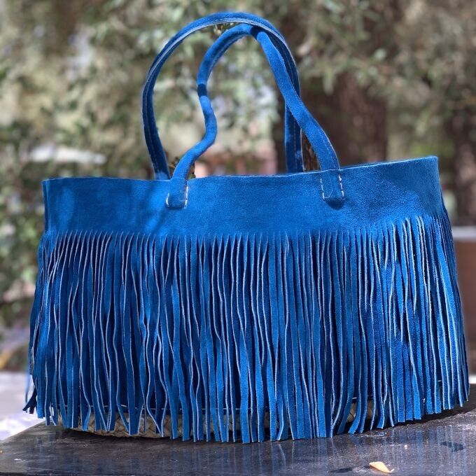 Sac cabas bleu style panier - Jonc tressé et cuir suédé