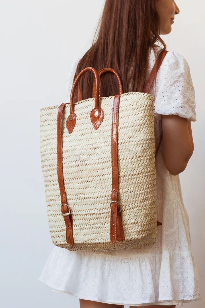 Sac à dos en paille de Corfou - Sac à dos en feuilles de palmier tissées à la main avec bretelles en cuir