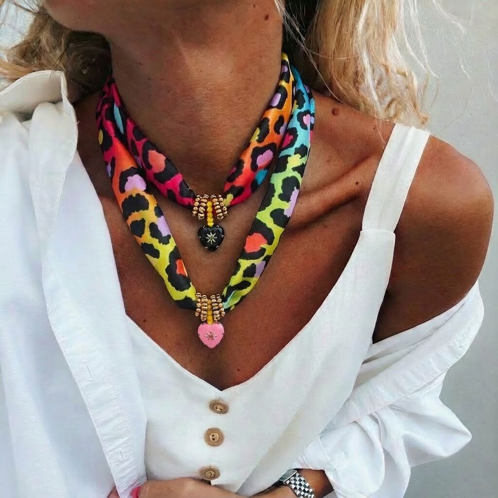 Collar con bufanda de leopardo ombré y dije de corazón grueso
