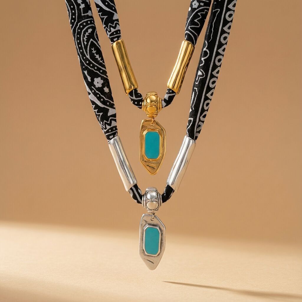 Collar con pañuelo negro y dijes turquesas bohemios