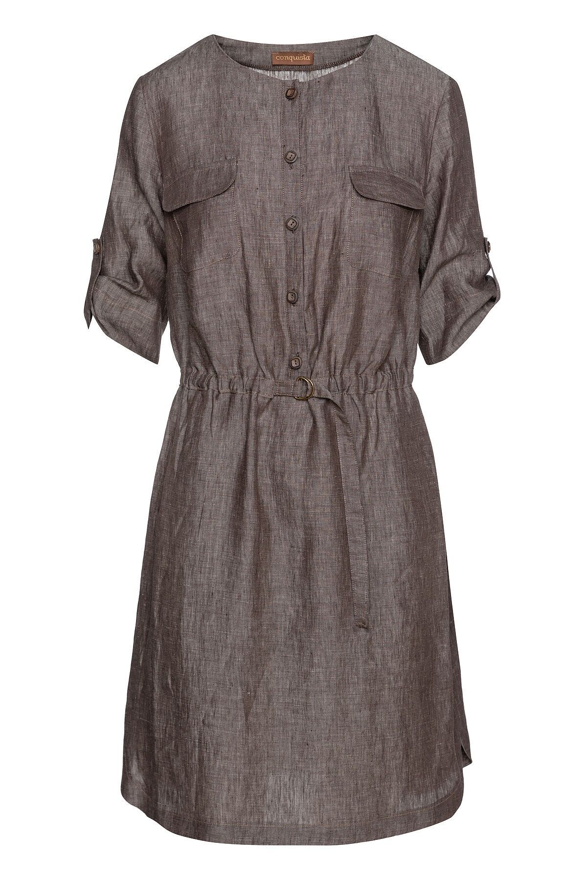 Abito dritto in lino marrone con dettaglio cintura