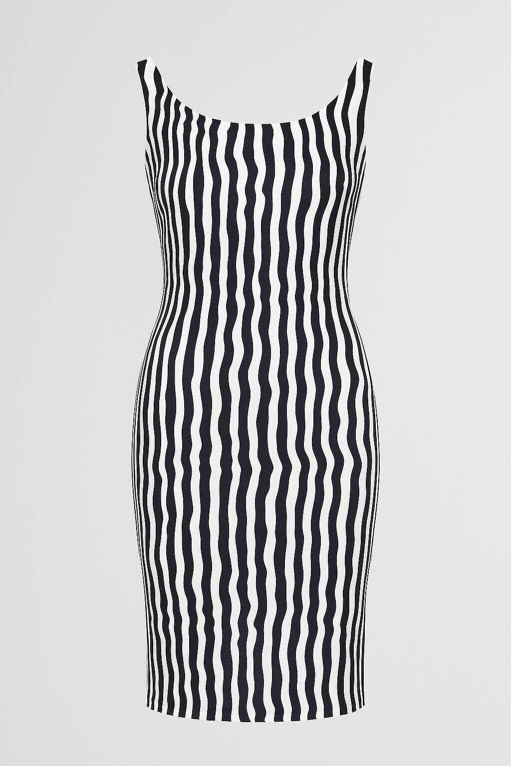 Abito aderente a righe ondulate blu scuro e bianche in jersey