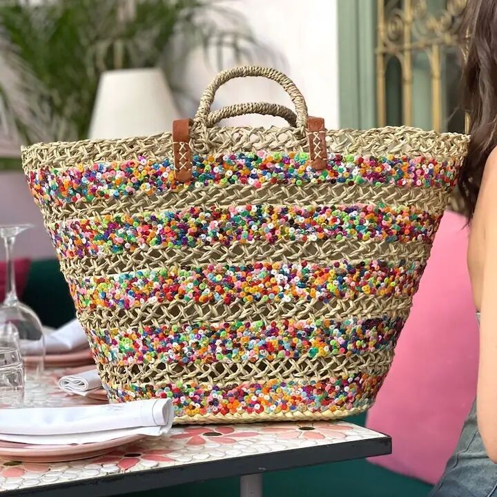 Panier en palmier Doum à sequins 53 x 43 cm | Or multicolore fuchsia | Sac cabas de luxe tissé à la main