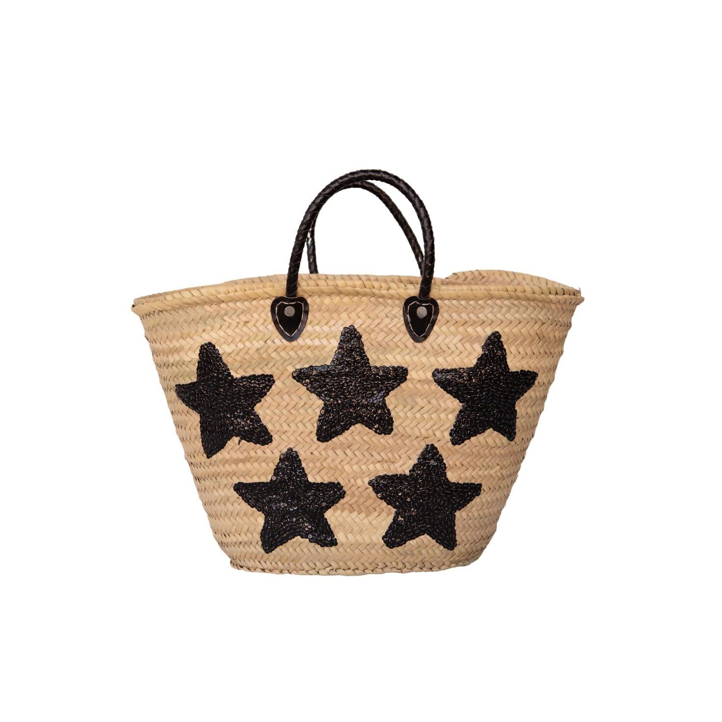 Grand cabas en paille noire à paillettes étoilées - Sac de plage marocain tissé à la main