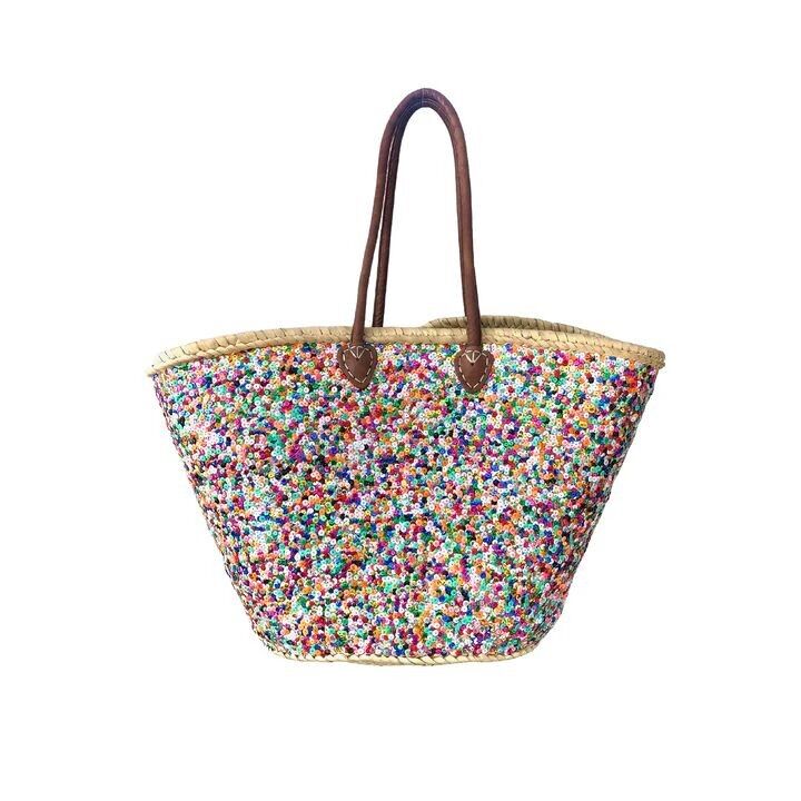 Grand cabas en paille multicolore à sequins - Sac marocain tissé à la main