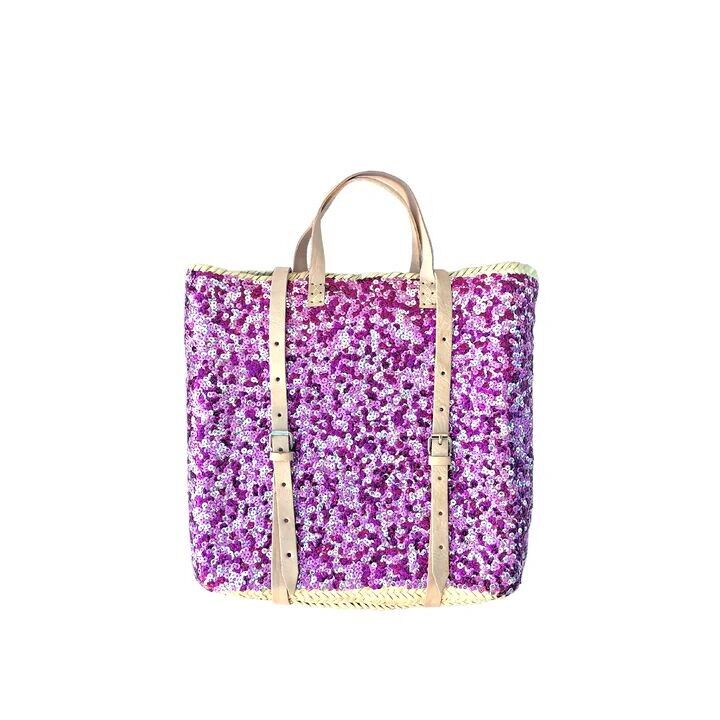 Sac à dos en paille à paillettes violettes - Sac de plage marocain tissé à la main