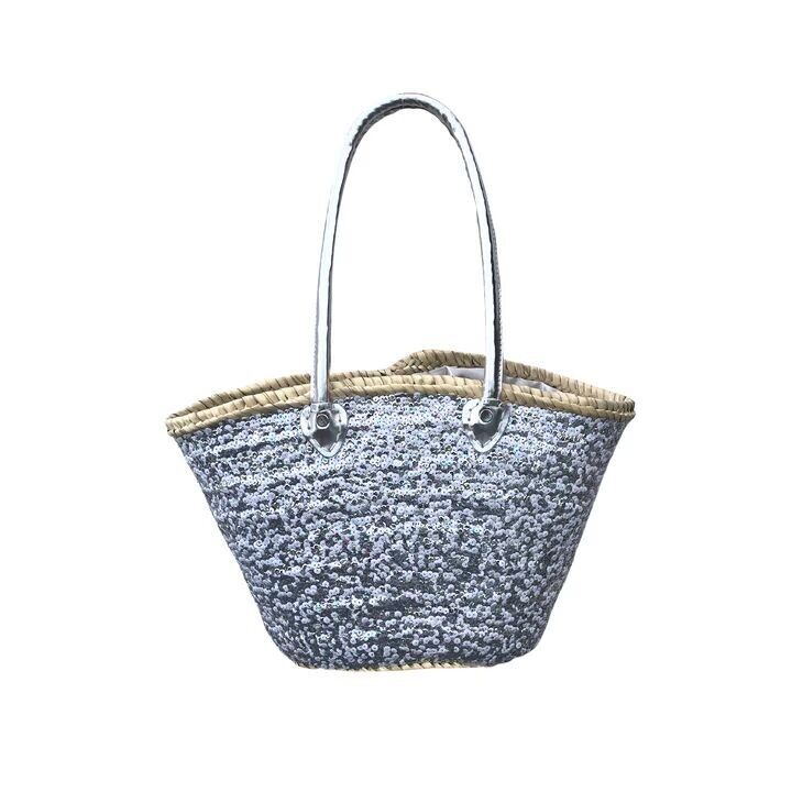 Sac cabas marocain tissé à la main en paille de paille argentée et blanche - Format moyen
