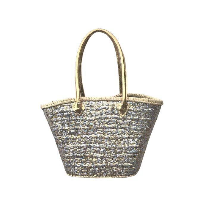 Sac cabas marocain tissé à la main en paille à sequins or et argent - Format moyen