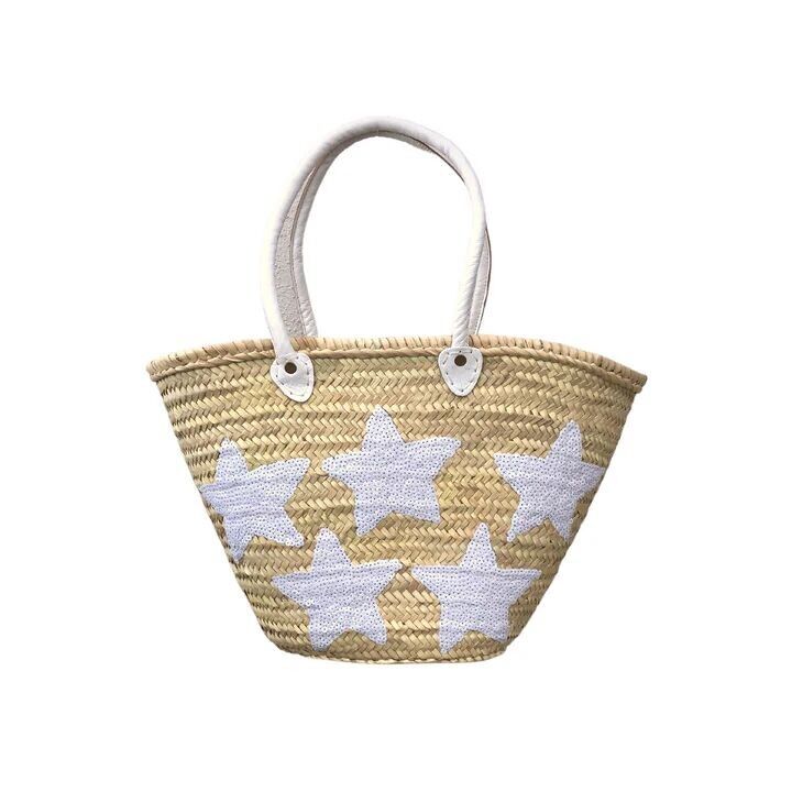 Grand cabas en paille blanche à paillettes étoilées - Sac de plage marocain tissé à la main