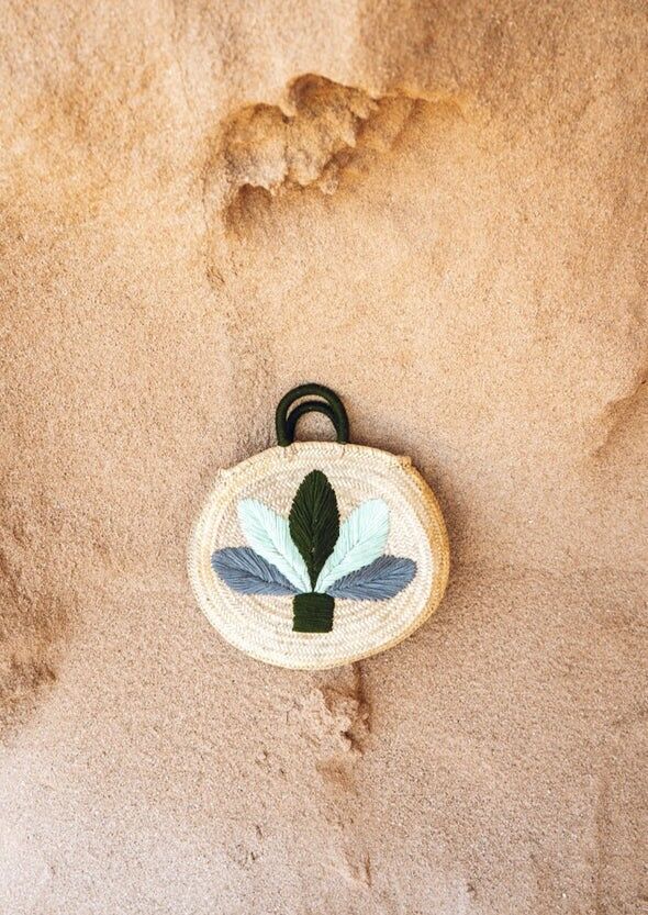 Cestino ovale di palma ricamato - Borsa di paglia marocchina fatta a mano