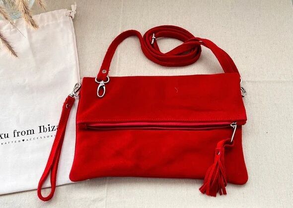 Borsa a tracolla in pelle scamosciata rossa - Marrakech fatta a mano