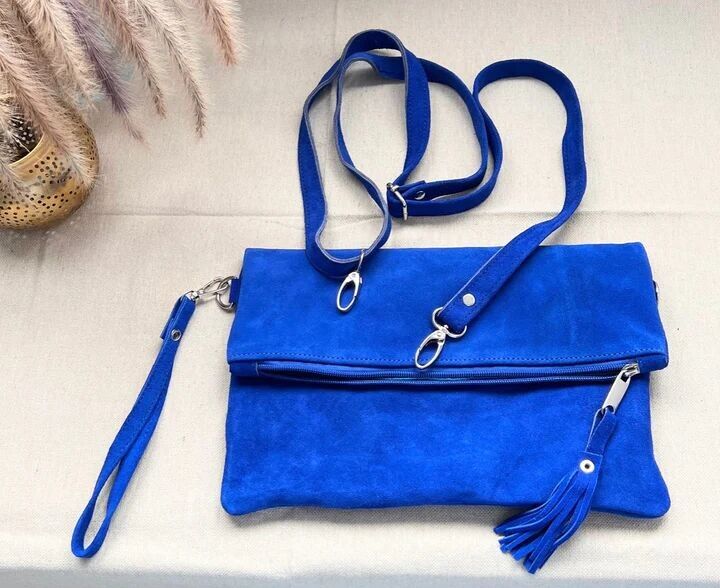 Borsa a mano in pelle scamosciata blu oltremare - Marrakech fatta a mano