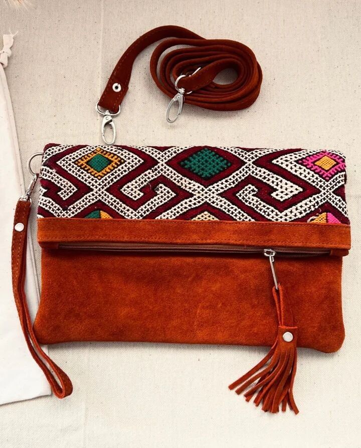 Borsa a tracolla in pelle Kilim color tortora - Marrakech fatta a mano