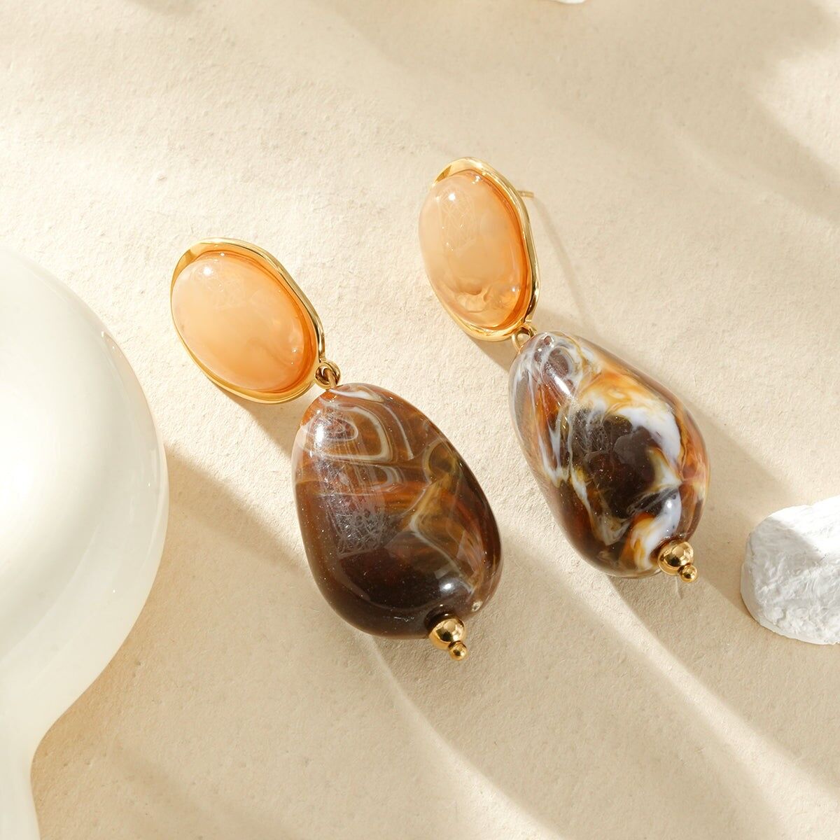 Gold drop earrings with double marbled stone