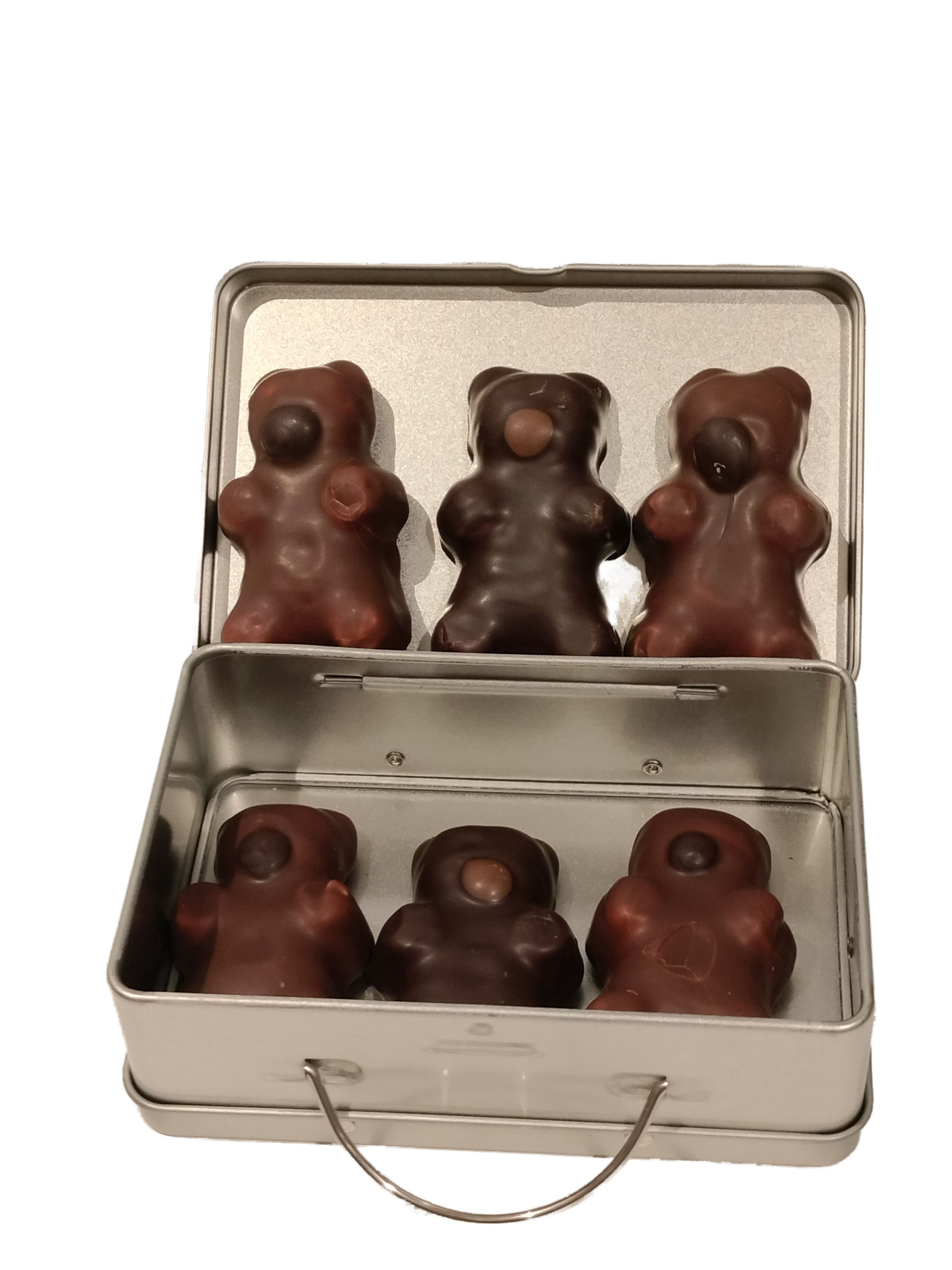 Koffer mit Marshmallow-Bären aus Milch- und Zartbitterschokolade
