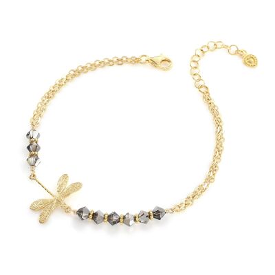 Gold dragonfly bracelet with Black Diamond crystals