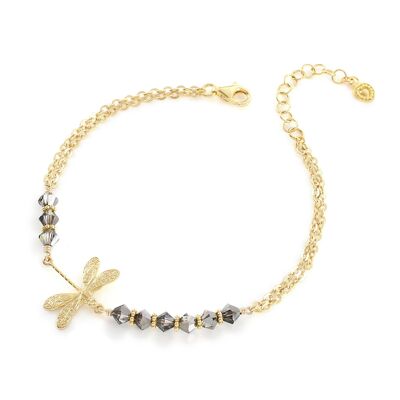 Gold dragonfly bracelet with Black Diamond crystals