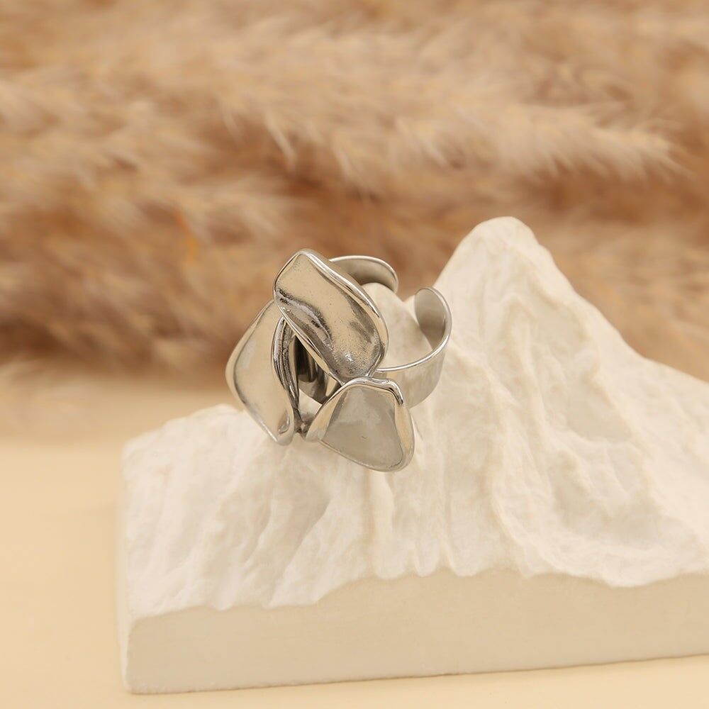 Wide Open Silver Ring With Three Petal Flower