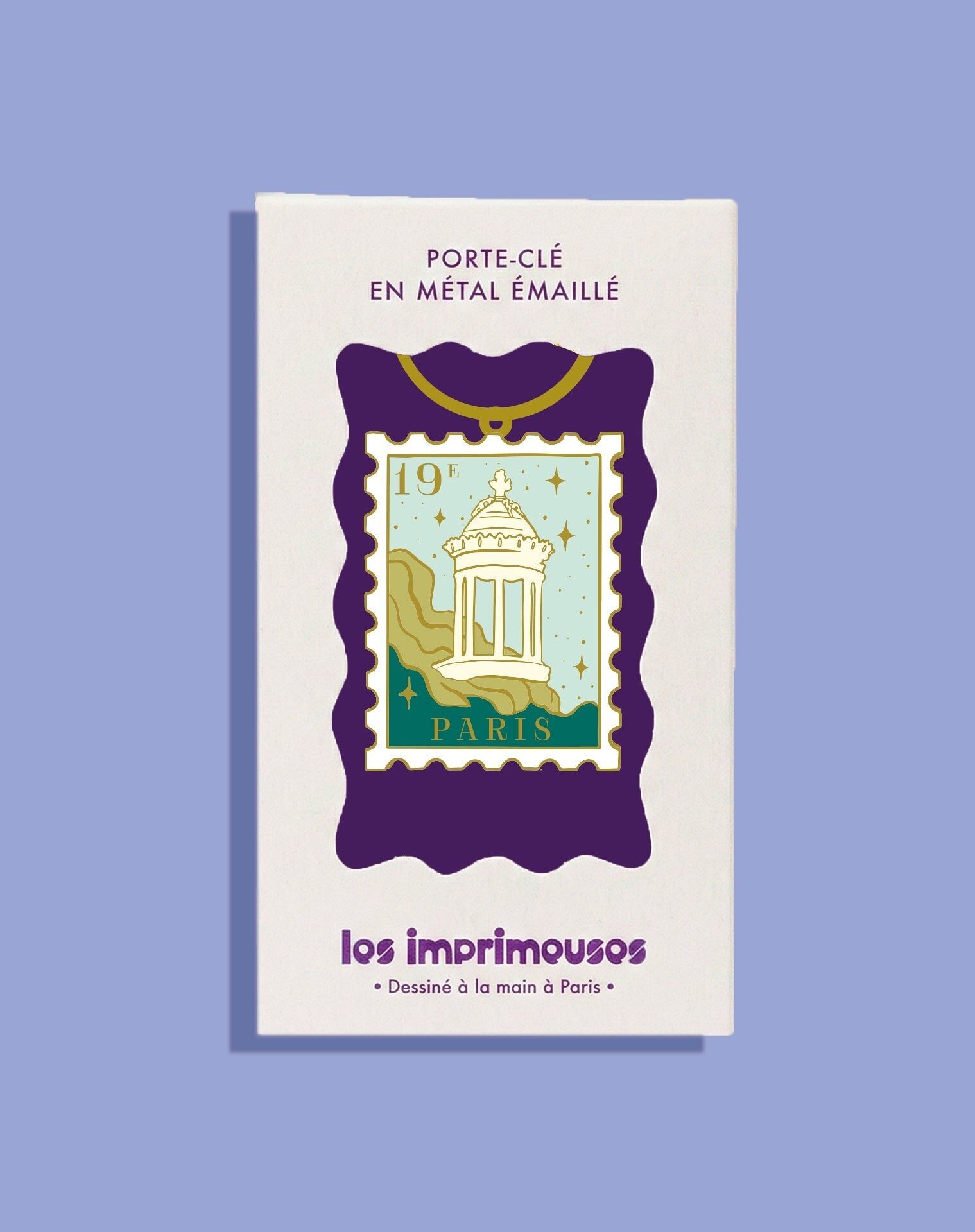 Schlüsselanhänger mit Briefmarke aus dem 19. Arrondissement von Paris – Unter dem Himmel der Buttes