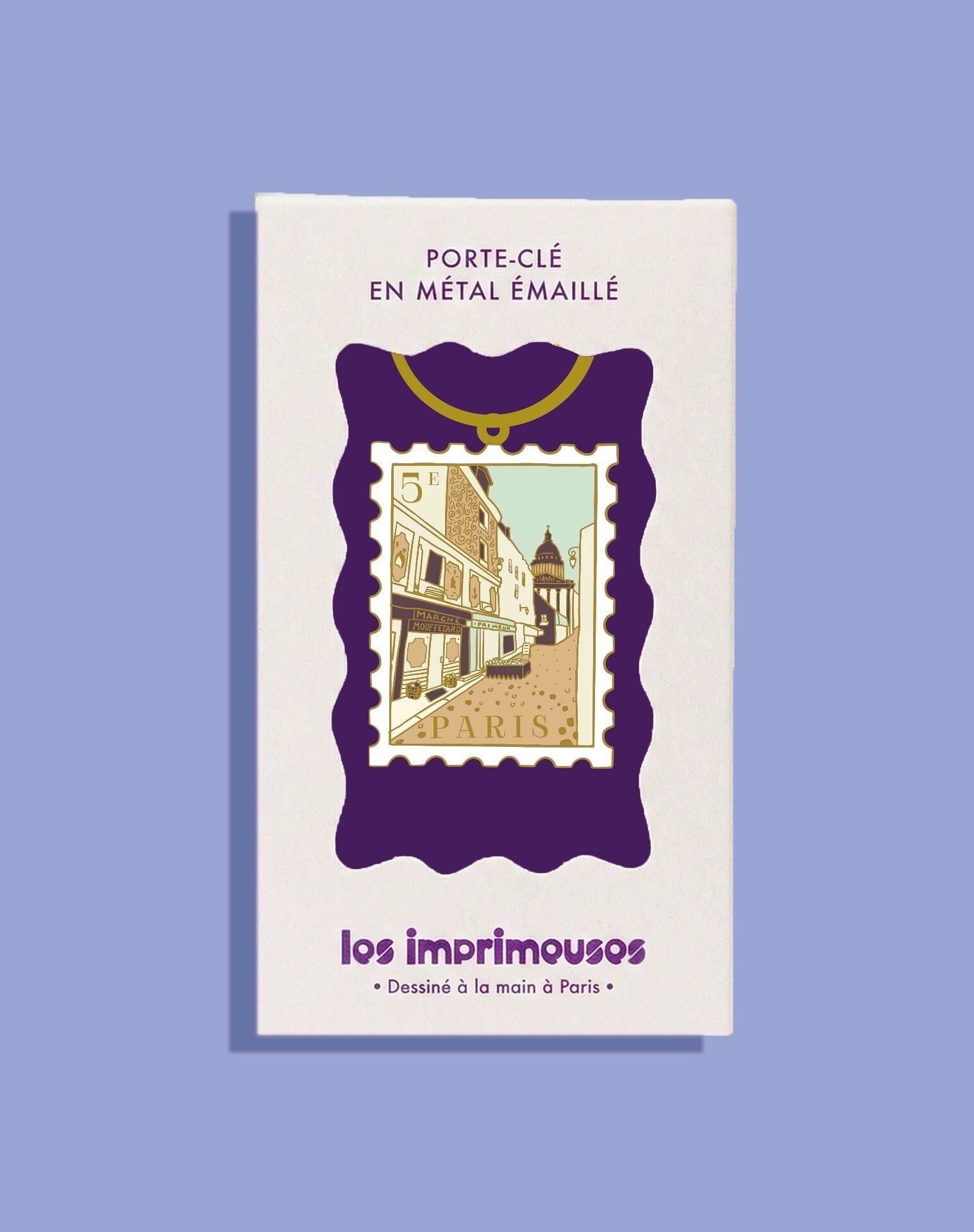 Schlüsselanhänger mit Briefmarke aus dem 5. Arrondissement von Paris – Unter dem Kopfsteinpflaster von Mouffetard