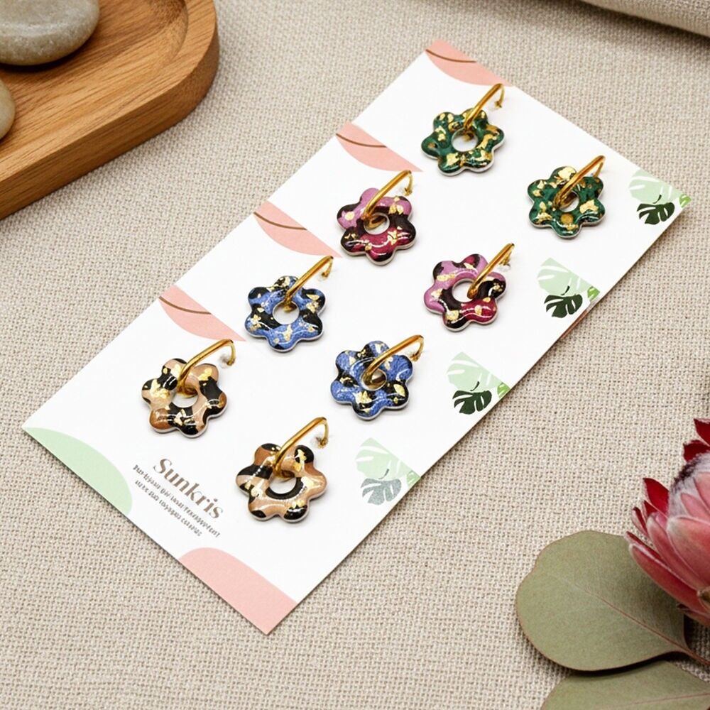 Boucles d'Oreilles Créoles Fleurs résine – Motif Léopard & Feuilles d'Or – Acier Inoxydable Doré